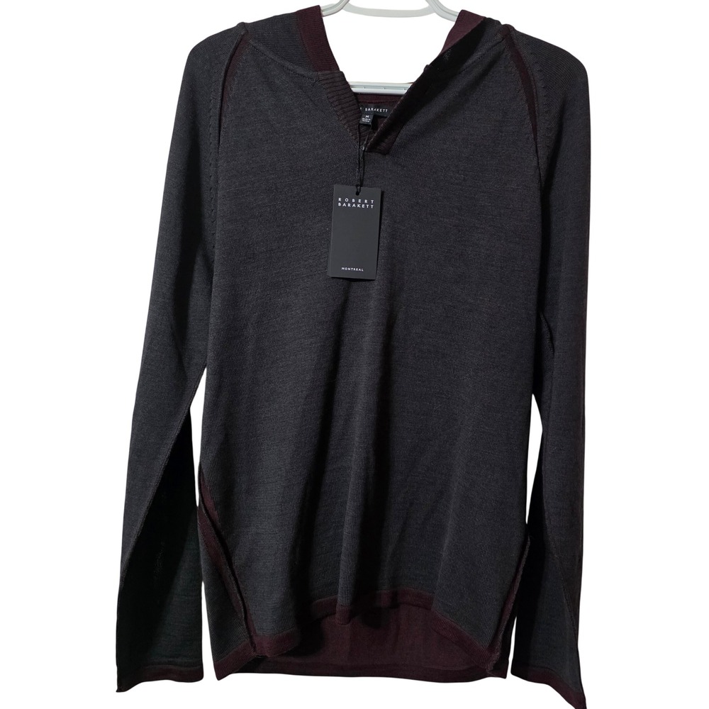 Robert Barakett Mens Medium Hoodie Grey Burgundy Wool Blend Luxury Knit Pullover